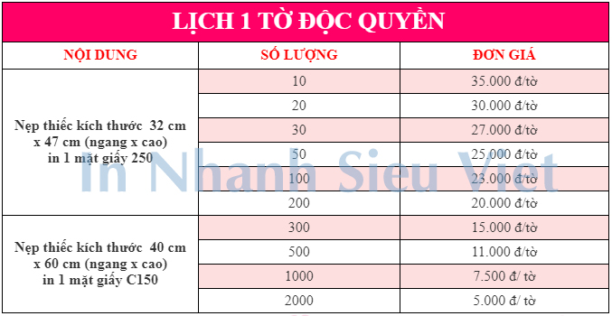 Giá lịch tết 1 tờ độc quyền