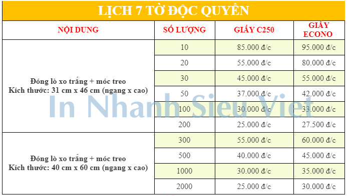 Giá lịch tết 7 tờ độc quyền