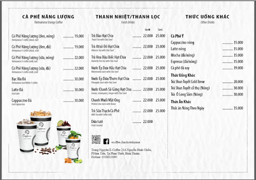 Menu một quán cafe