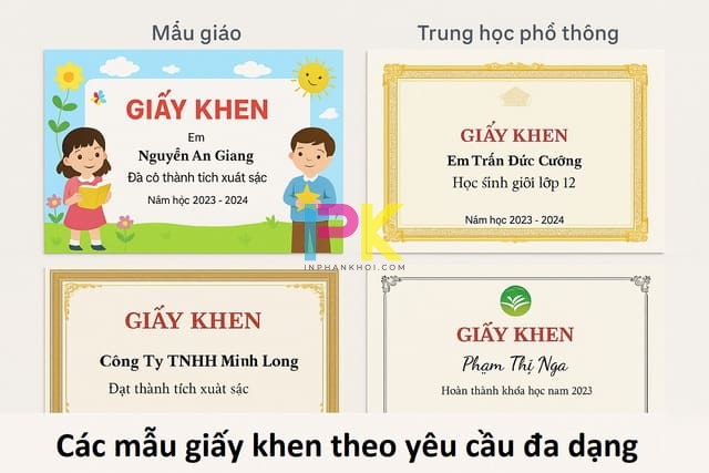 In giấy khen theo yêu cầu nhanh và thiết kế riêng từng mẫu 2 Các mẫu giấy khen theo yêu cầu đa dạng, phù hợp cho học sinh, doanh nghiệp và tổ chức.