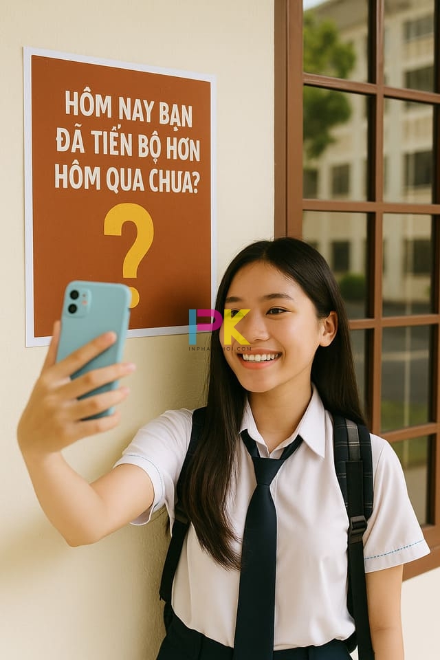 Gợi ý các mẫu poster đẹp cho sự kiện học đường 2025 4 Học sinh chụp hình check-in với poster truyền cảm hứng tại trường