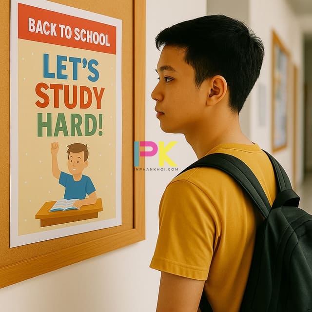 Gợi ý các mẫu poster đẹp cho sự kiện học đường 2025 2 Học sinh đứng xem poster học đường treo tại hành lang trường học