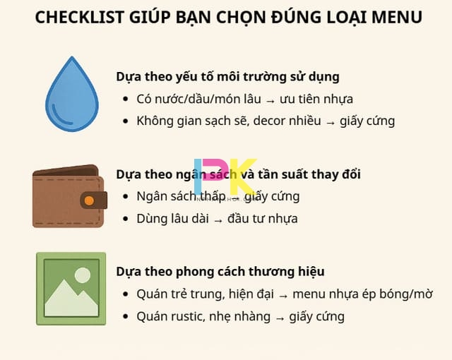 Có nên in menu bằng nhựa hay giấy cứng? Tư vấn chọn đúng 3 Yếu tố ảnh hưởng trực tiếp đến việc chọn chất liệu in menu