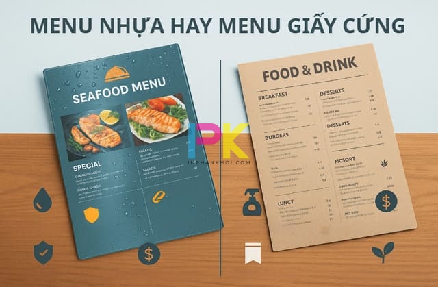 Có nên in menu bằng nhựa hay giấy cứng? Tư vấn chọn đúng 2 Lựa chọn loại menu nào cho từng mô hình