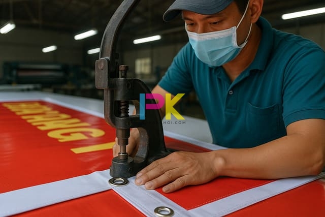 Gia công khoen và viền cho băng rôn trước khi giao hàng