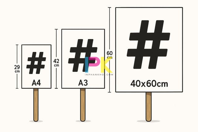 Các kích thước hashtag cầm tay phổ biến A4, A3, 40x60cm