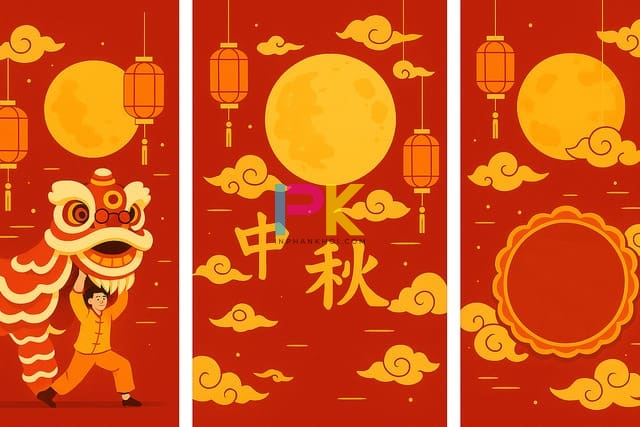 Mẫu poster Trung Thu đẹp 2025 với trăng rằm và đèn lồng