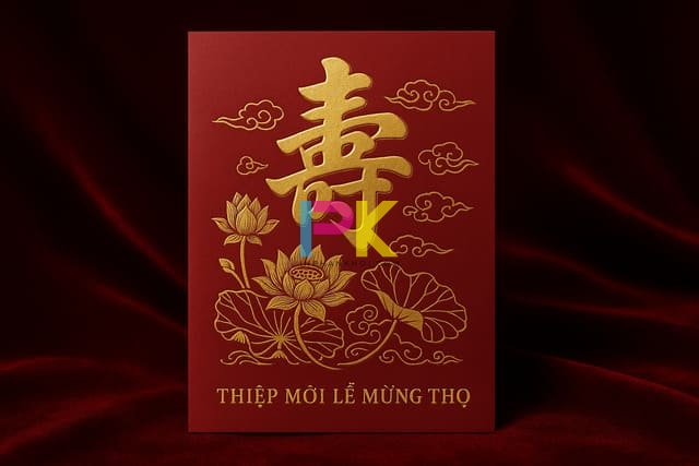 Thiệp mời lễ mừng thọ giấy mỹ thuật ép kim sang trọng