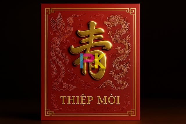 Thiệp mời lễ mừng thọ phong cách truyền thống màu đỏ vàng
