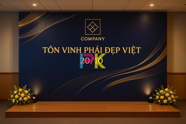 Mẫu background 20/10 đẹp & ý nghĩa cho sự kiện – In backdrop tại Xưởng In Phan Khôi 3 Backdrop 20/10 cho công ty, tông xanh navy và vàng đồng, thiết kế sang trọng