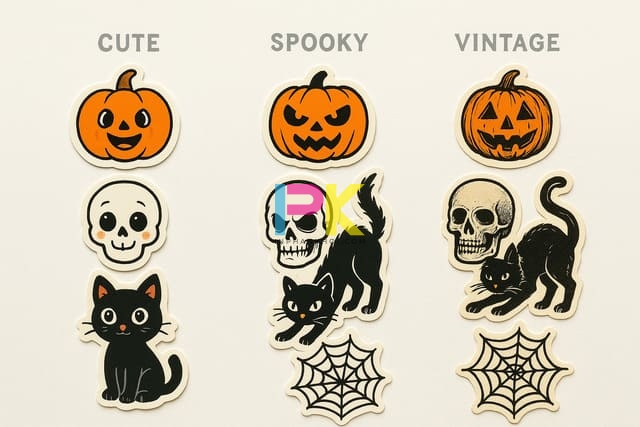 Mẫu Halloween Sticker đẹp & Dễ thương cho mùa lễ hội 2025 4 Mẫu sticker Halloween cute, ma quái, vintage được thiết kế theo chủ đề