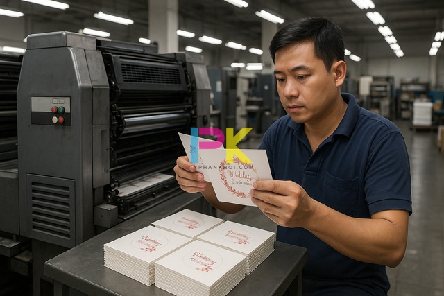 Cách viết phong bì đám cưới đúng chuẩn & gợi ý in phong bì đẹp tại TP.HCM 5 Máy in offset tại Xưởng In Phan Khôi đang in phong bì đám cưới số lượng lớn