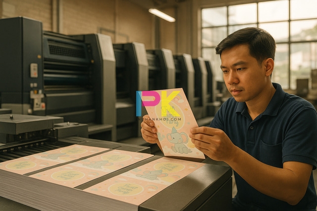 Hướng dẫn chi tiết cách viết thiệp mời đầy tháng hay, chuẩn và đẹp 2 Máy in offset tại Xưởng In Phan Khôi đang in thiệp mời đầy tháng cho bé gái tại TP.HCM