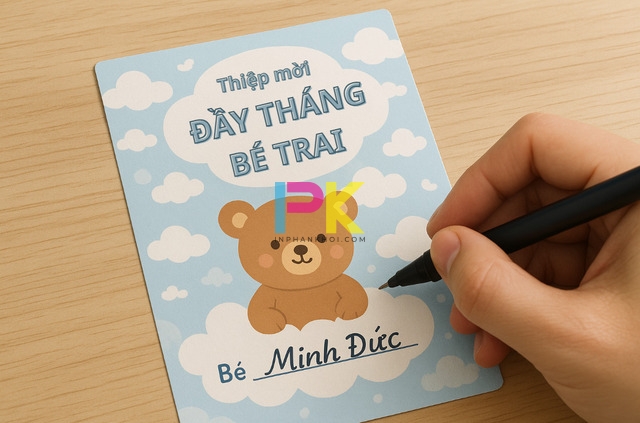 Hướng dẫn chi tiết cách viết thiệp mời đầy tháng hay, chuẩn và đẹp 4 Mẫu thiệp mời đầy tháng bé trai in màu xanh dương tại Xưởng In Phan Khôi TP.HCM