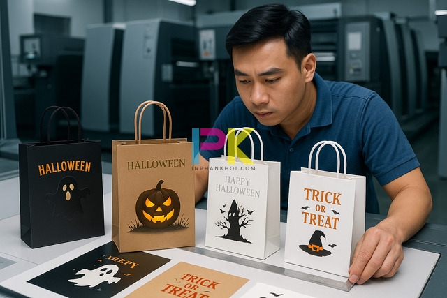 Mẫu túi đựng quà Halloween đẹp & ý tưởng in túi ấn tượng cho mùa lễ hội 5 Chất liệu giấy và kỹ thuật in túi Halloween – giấy kraft, ivory, in offset ép kim