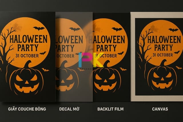 Bộ sưu tập mẫu poster Halloween đẹp – In nhanh, sắc nét cho mùa lễ hội 6 Các chất liệu in poster Halloween phổ biến – giấy Couche, decal, backlit, canvas