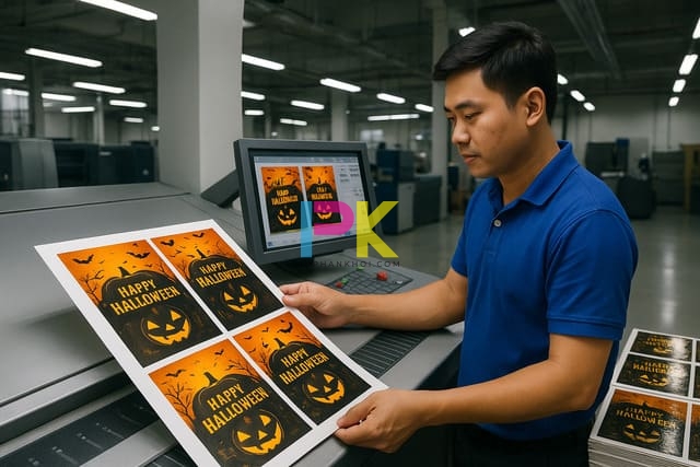Bộ sưu tập mẫu thiệp Halloween đẹp, độc & dễ in ấn cho mùa lễ hội 2025 8 Quy trình in thiệp Halloween chuyên nghiệp tại Xưởng In Phan Khôi – in offset, ép kim, phủ UV.