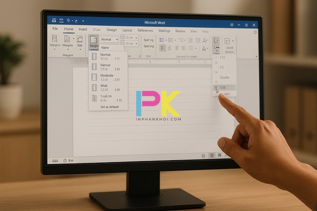 Hướng dẫn tải mẫu giấy A4 có dòng kẻ chấm file Word chuẩn 3 File Word mẫu giấy A4 có dòng kẻ chấm đang được mở và chỉnh sửa trên máy tính tại Xưởng In Phan Khôi.