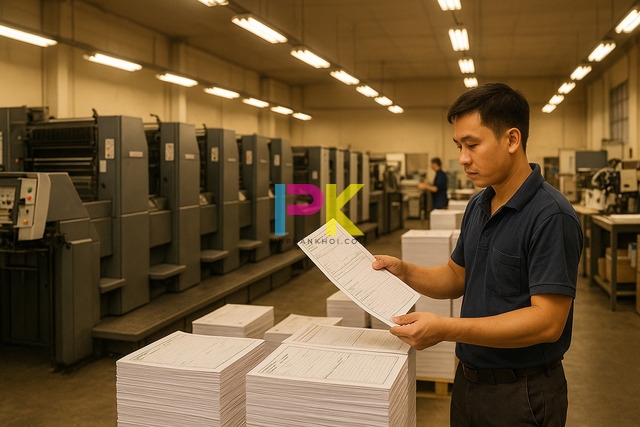 Máy in offset tại Xưởng In Phan Khôi đang in biểu mẫu hành chính và giấy xác nhận hạnh kiểm tại TP.HCM