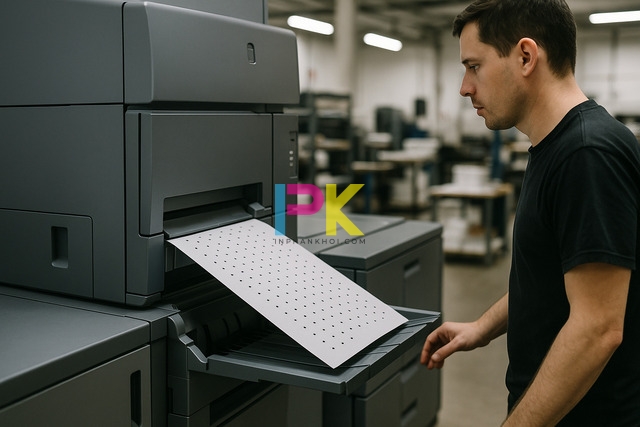 Hướng dẫn tải mẫu giấy A4 có dòng kẻ chấm file Word chuẩn 5 Máy in kỹ thuật số đang in giấy A4 có dòng kẻ chấm tại Xưởng In Phan Khôi TP.HCM.