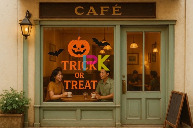 Mẫu decal Halloween 2025 – Ý tưởng trang trí cửa kính nổi bật & tiết kiệm 3 Mẫu decal Halloween cho quán café – dán kính mặt tiền nổi bật với bí ngô và dơi