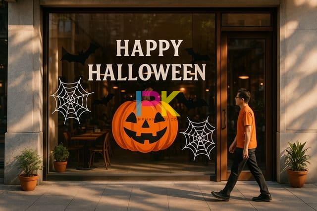 Mẫu decal Halloween 2025 – Ý tưởng trang trí cửa kính nổi bật & tiết kiệm 2 Mẫu decal Halloween dán kính cho cửa hàng – thiết kế bí ngô và dòng chữ Happy Halloween