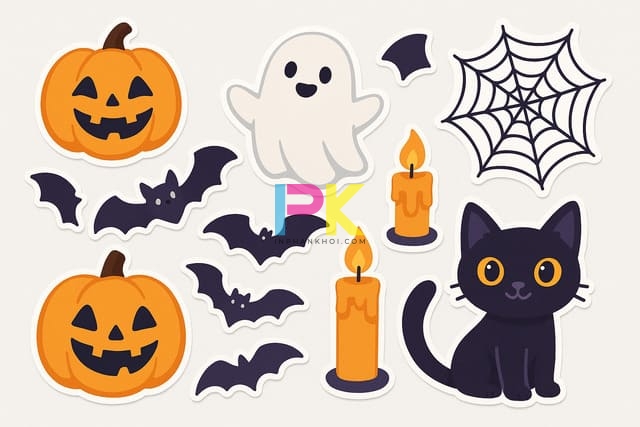 Mẫu Halloween Sticker đẹp & Dễ thương cho mùa lễ hội 2025 2 Bộ sưu tập mẫu Halloween sticker cute và ma quái được in tại Xưởng In Phan Khôi