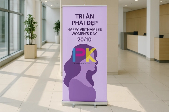 Mẫu standee 20/10 đẹp, chuyên nghiệp và in nhanh tại TP.HCM 3 Mẫu standee 20/10 sang trọng cho doanh nghiệp – tone tím pastel, thiết kế tri ân nhân viên nữ