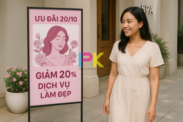 Mẫu standee 20/10 đẹp, chuyên nghiệp và in nhanh tại TP.HCM 4 Mẫu standee 20/10 cho spa và cửa hàng – màu hồng trắng, hiển thị ưu đãi khuyến mãi