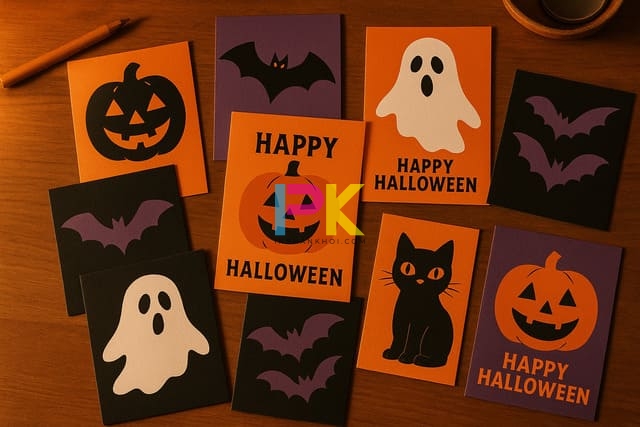 Bộ sưu tập mẫu thiệp Halloween đẹp, độc & dễ in ấn cho mùa lễ hội 2025 2 Mẫu thiệp Halloween đẹp 2025 với phong cách dễ thương và kinh dị, in rõ nét tại Xưởng In Phan Khôi.