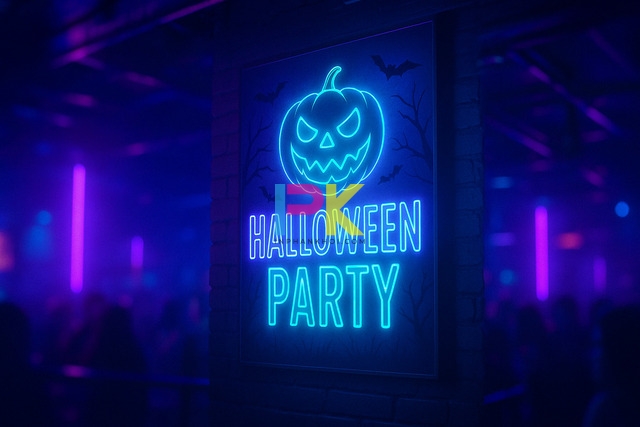 Bộ sưu tập mẫu poster Halloween đẹp – In nhanh, sắc nét cho mùa lễ hội 5 Poster Halloween phong cách neon hiện đại với ánh sáng tím xanh nổi bật