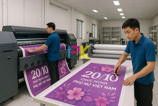 Mẫu standee 20/10 đẹp, chuyên nghiệp và in nhanh tại TP.HCM 6 Nhân viên Xưởng In Phan Khôi in standee 20/10 trên máy kỹ thuật số và kiểm tra bản in