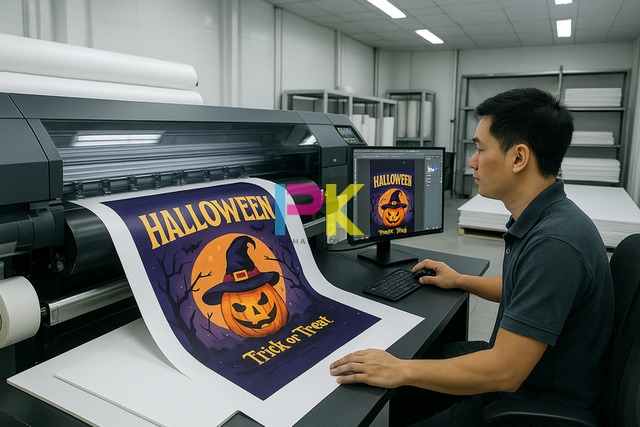 Mẫu Standee Halloween đẹp & ấn tượng 2025 tại Xưởng In Phan Khôi 7 Quy trình in standee halloween tại Xưởng In Phan Khôi TPHCM