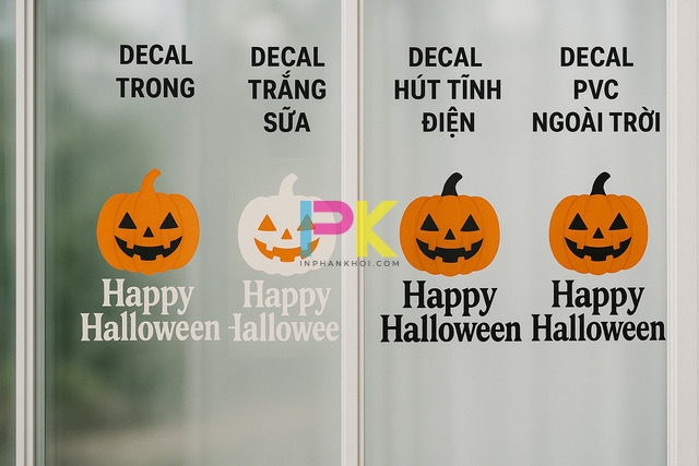 Mẫu decal Halloween 2025 – Ý tưởng trang trí cửa kính nổi bật & tiết kiệm 6 So sánh decal Halloween trong suốt, trắng sữa, hút tĩnh điện và PVC ngoài trời