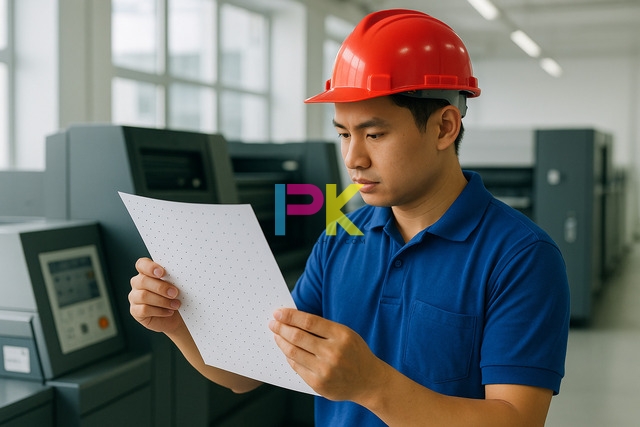 Hướng dẫn tải mẫu giấy A4 có dòng kẻ chấm file Word chuẩn 2 Nhân viên kỹ thuật đang kiểm tra bản in giấy A4 có dòng kẻ chấm tại Xưởng In Phan Khôi TP.HCM.