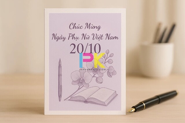 Mẫu thiệp 20/10 đẹp & Dễ in – Tặng mẹ, cô giáo, đồng nghiệp (Cập nhật 2025) 4 Thiệp 20/10 tặng cô giáo thanh lịch, màu tím nhạt, có biểu tượng quyển sách và bút