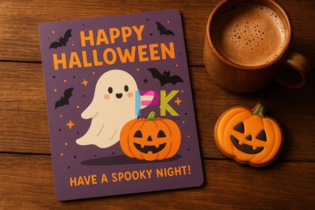 Bộ sưu tập mẫu thiệp Halloween đẹp, độc & dễ in ấn cho mùa lễ hội 2025 7 Thiệp chúc mừng Halloween dễ thương với lời chúc Happy Halloween, màu tím cam nổi bật.