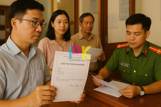 Người dân đang hoàn thiện thủ tục xin giấy xác nhận hạnh kiểm tại công an phường