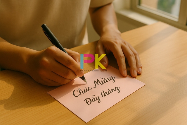 Người viết phong bì đầy tháng bằng bút mực xanh, phong bì in logo Xưởng In Phan Khôi tại TP.HCM