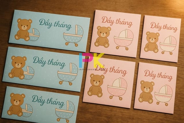 Bàn làm việc bày nhiều mẫu phong bì đầy tháng cho bé trai và bé gái, in tại Xưởng In Phan Khôi