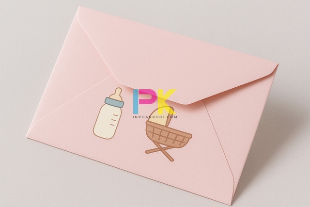 Mẫu phong bì đầy tháng bé gái màu hồng, in offset tại Xưởng In Phan Khôi TP.HCM