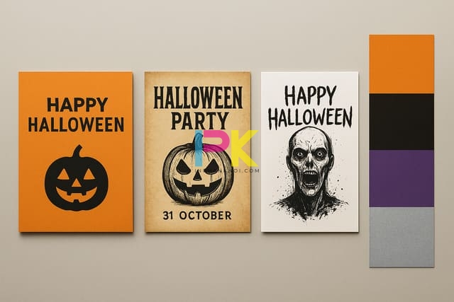 Bộ sưu tập mẫu thiệp Halloween đẹp, độc & dễ in ấn cho mùa lễ hội 2025 3 Xu hướng thiết kế thiệp Halloween 2025 – phối màu cam đen tím sang trọng.