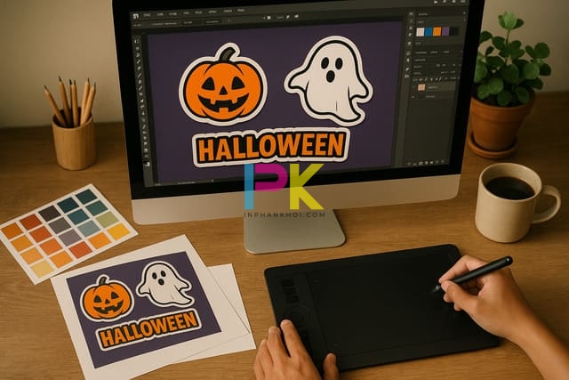 Mẫu Halloween Sticker đẹp & Dễ thương cho mùa lễ hội 2025 5 Xu hướng thiết kế sticker Halloween 2025 với màu cam tím và biểu tượng bí ngô