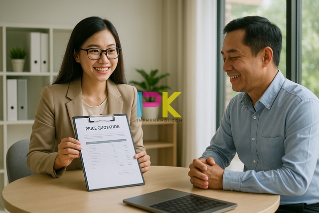 Nhân viên tư vấn báo giá in phong bì mừng tân gia cho khách tại văn phòng Xưởng In Phan Khôi TP.HCM