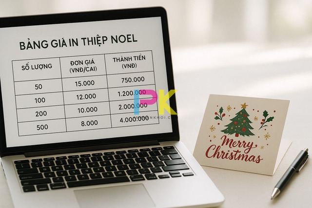 Bảng báo giá in thiệp Giáng Sinh tại Xưởng In Phan Khôi với các mẫu giấy Couche, Mỹ thuật và Metallic.