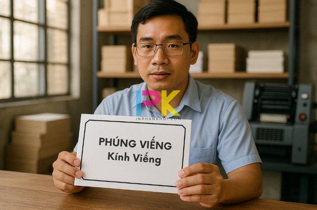 Nhân viên Xưởng In Phan Khôi đang hướng dẫn khách cách ghi phong bì đám ma đúng lễ nghi tại TP.HCM