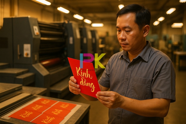 Người thợ in đang kiểm tra phong bì lễ hầu đồng in màu đỏ tại Xưởng In Phan Khôi TP.HCM.
