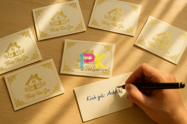 Mẫu phong bì mừng tân gia in logo và lời chúc đẹp, thiết kế bởi Xưởng In Phan Khôi tại TP.HCM