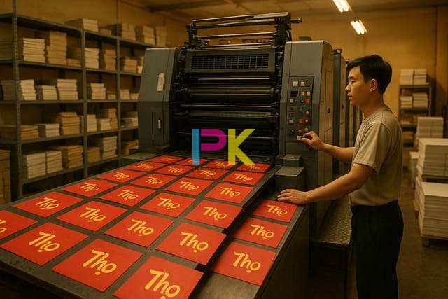 Xưởng In Phan Khôi tại TP.HCM đang in phong bì mừng thọ bằng máy in offset hiện đại