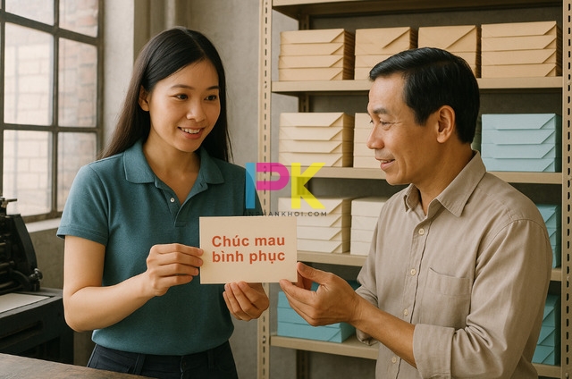 Nhân viên Xưởng In Phan Khôi đang hướng dẫn khách hàng cách ghi phong bì thăm người ốm tại TP.HCM